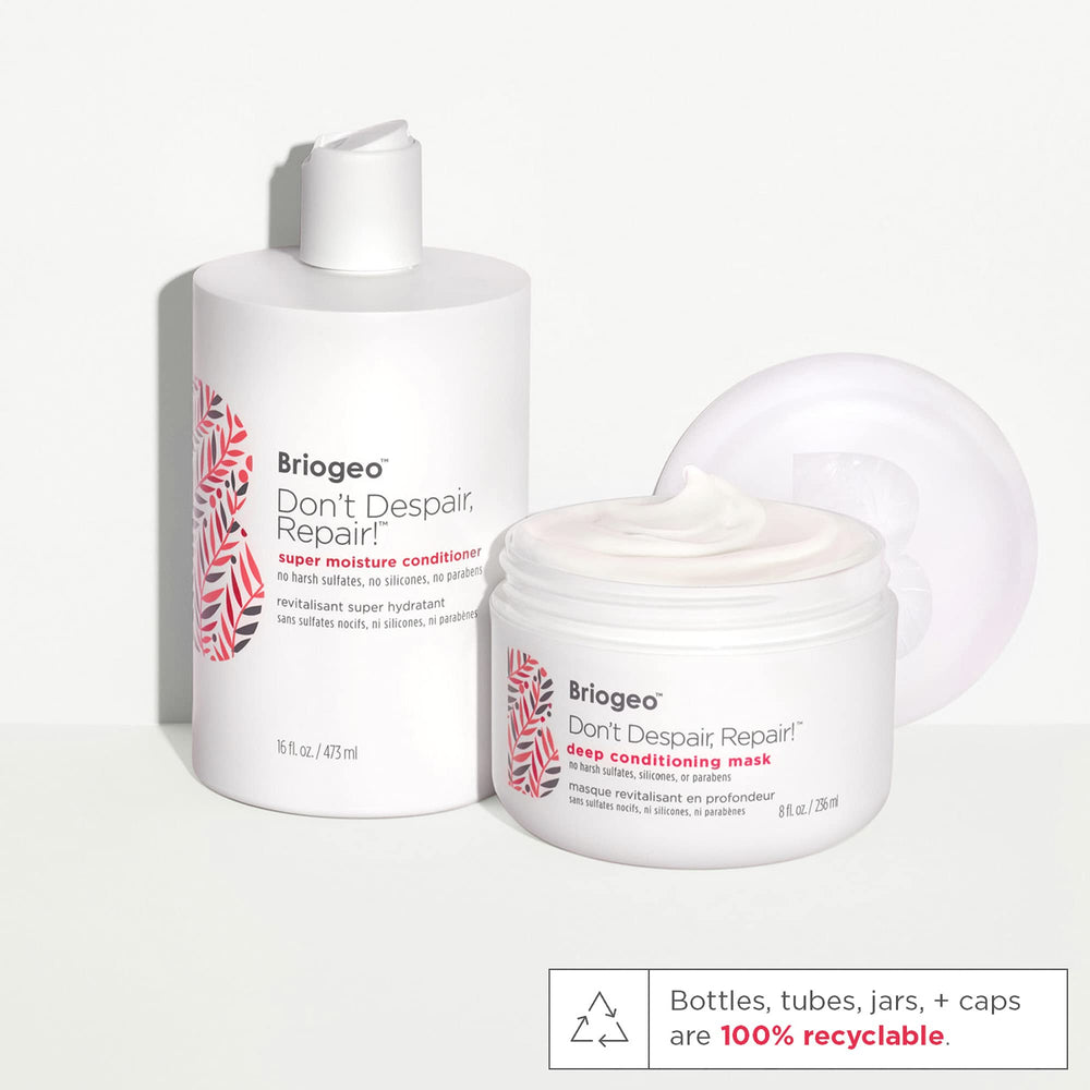 Briogeo Don't Despair Repair conditioner on hair strands reveals renewed softness and shine.
