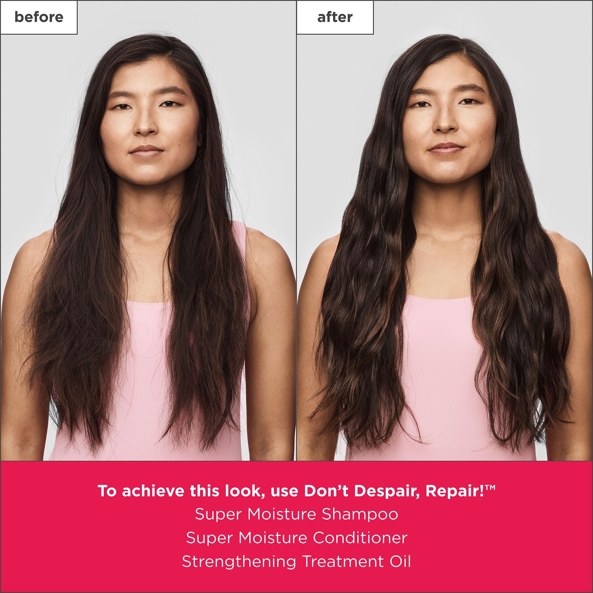 Hair strands appear soft and shiny after using Briogeo Don't Despair, Repair! shampoo.