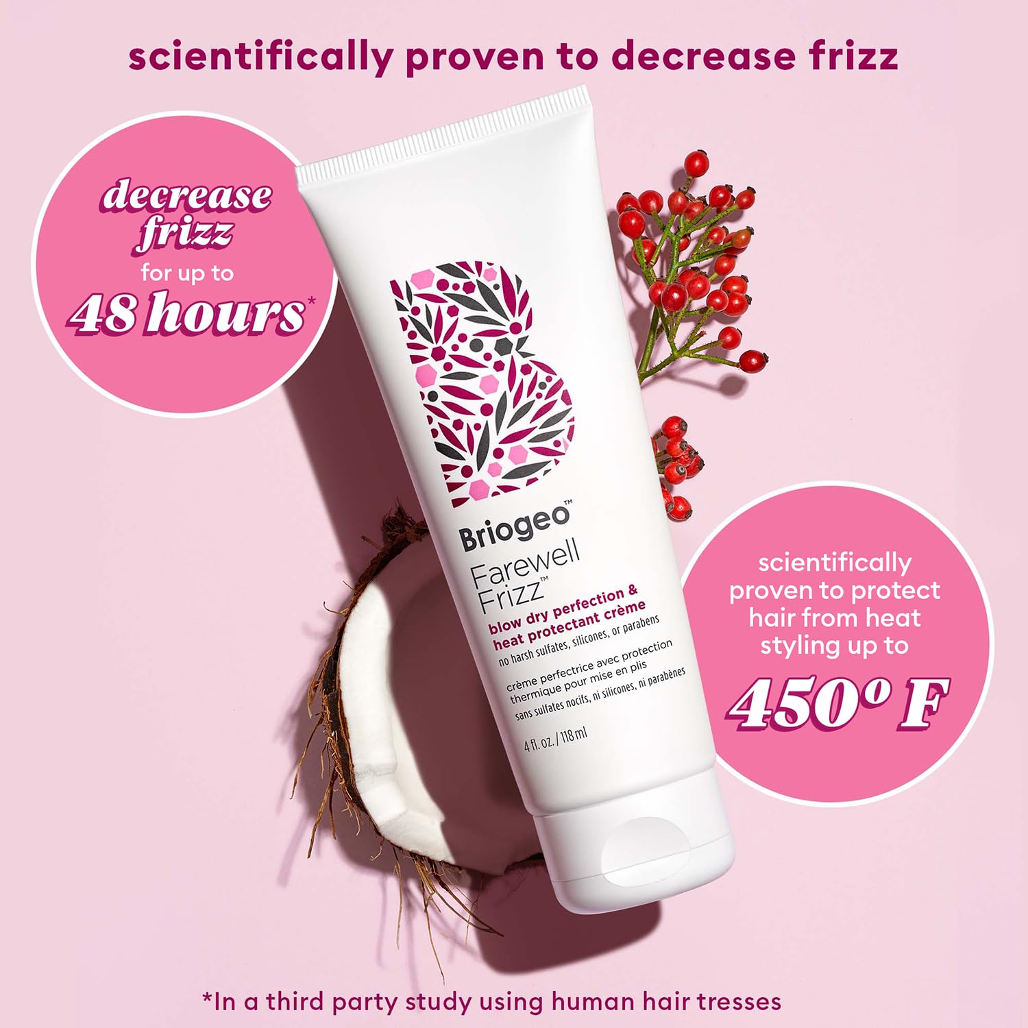 Briogeo Farewell Frizz cream texture close-up demonstrates smoothing action on damp hair.