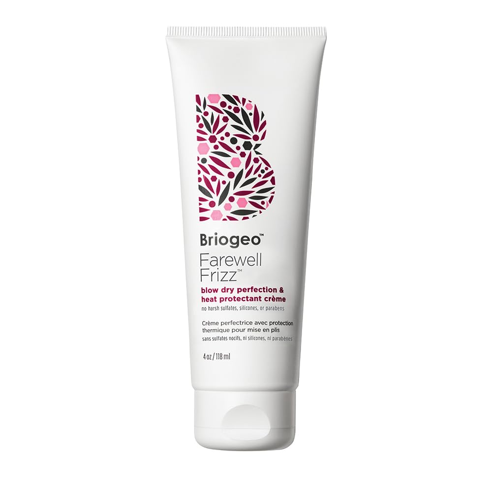 Briogeo Farewell Frizz bottle 4oz shows silicone-free heat protection for smooth, frizz-free styling.