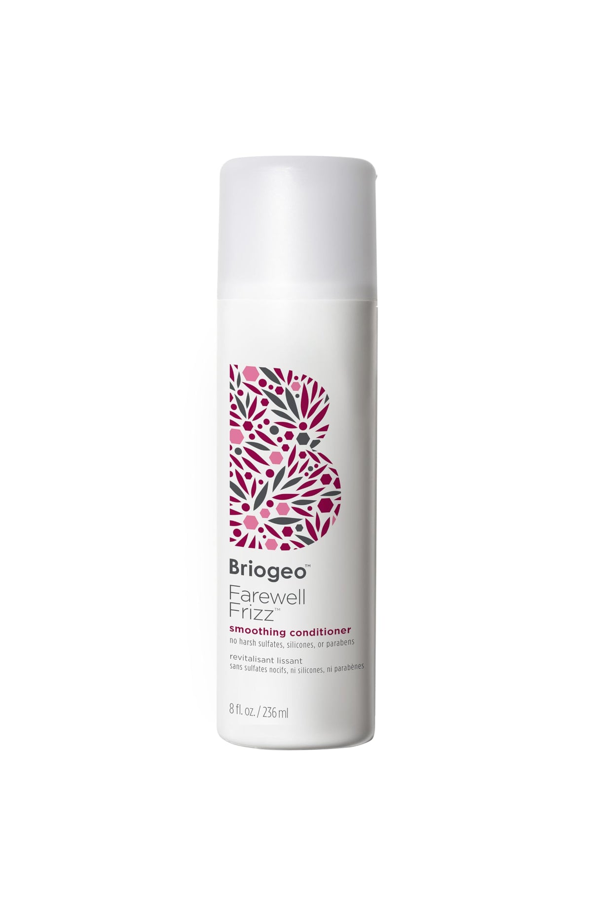 Briogeo Farewell Frizz conditioner bottle demonstrates gentle frizz control and radiant shine.