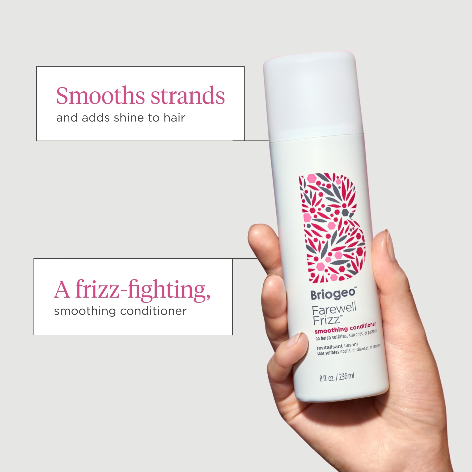 Briogeo Farewell Frizz conditioner application on hair supports detangling and frizz control.