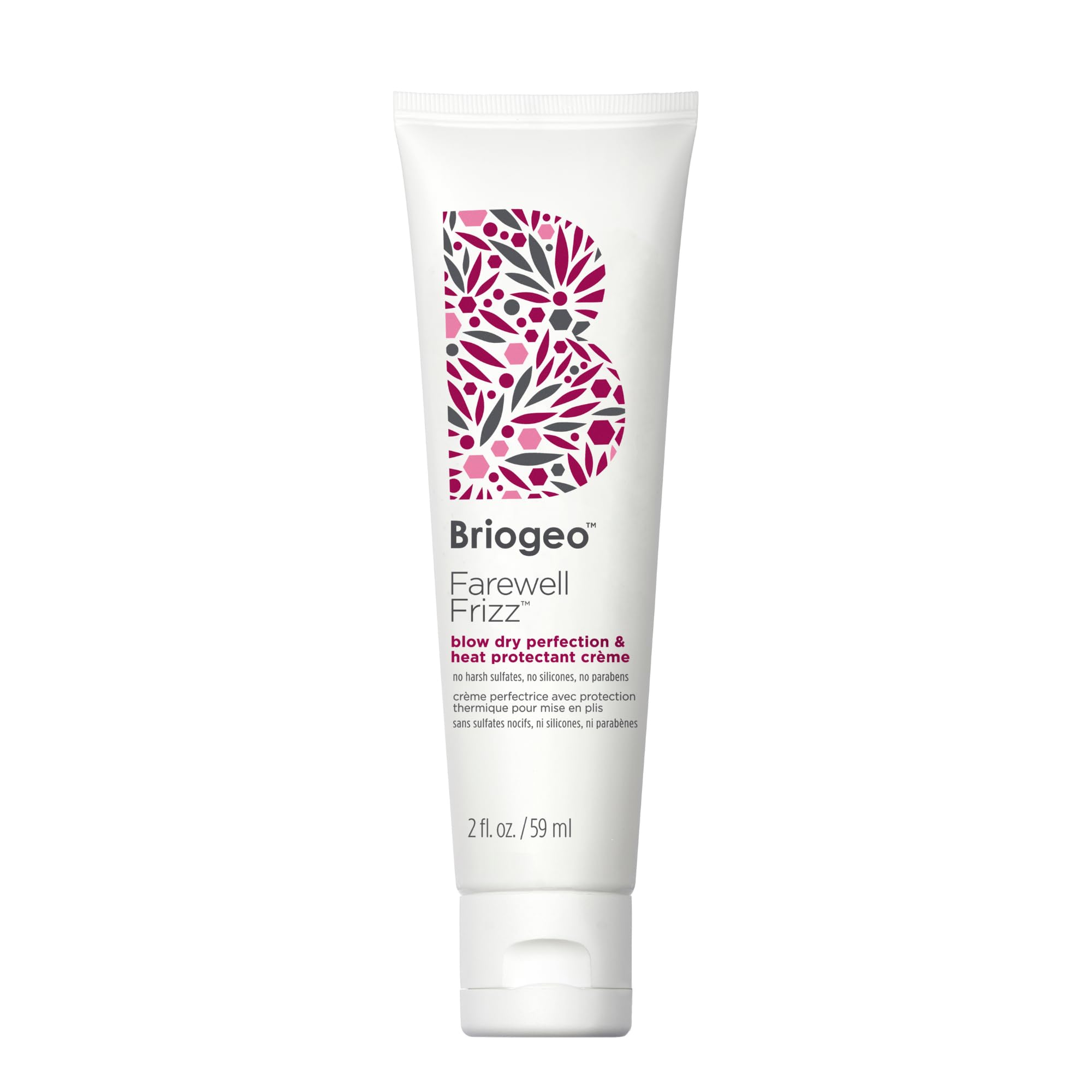 Briogeo Farewell Frizz heat protectant cream bottle demonstrates heat protection up to 450°F