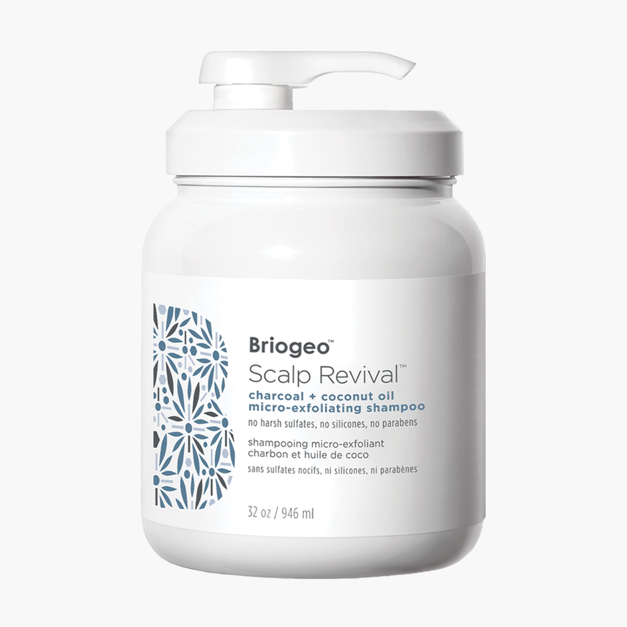 Briogeo Scalp Revival bottle highlights charcoal formula for detoxifying scalp and refreshing hair