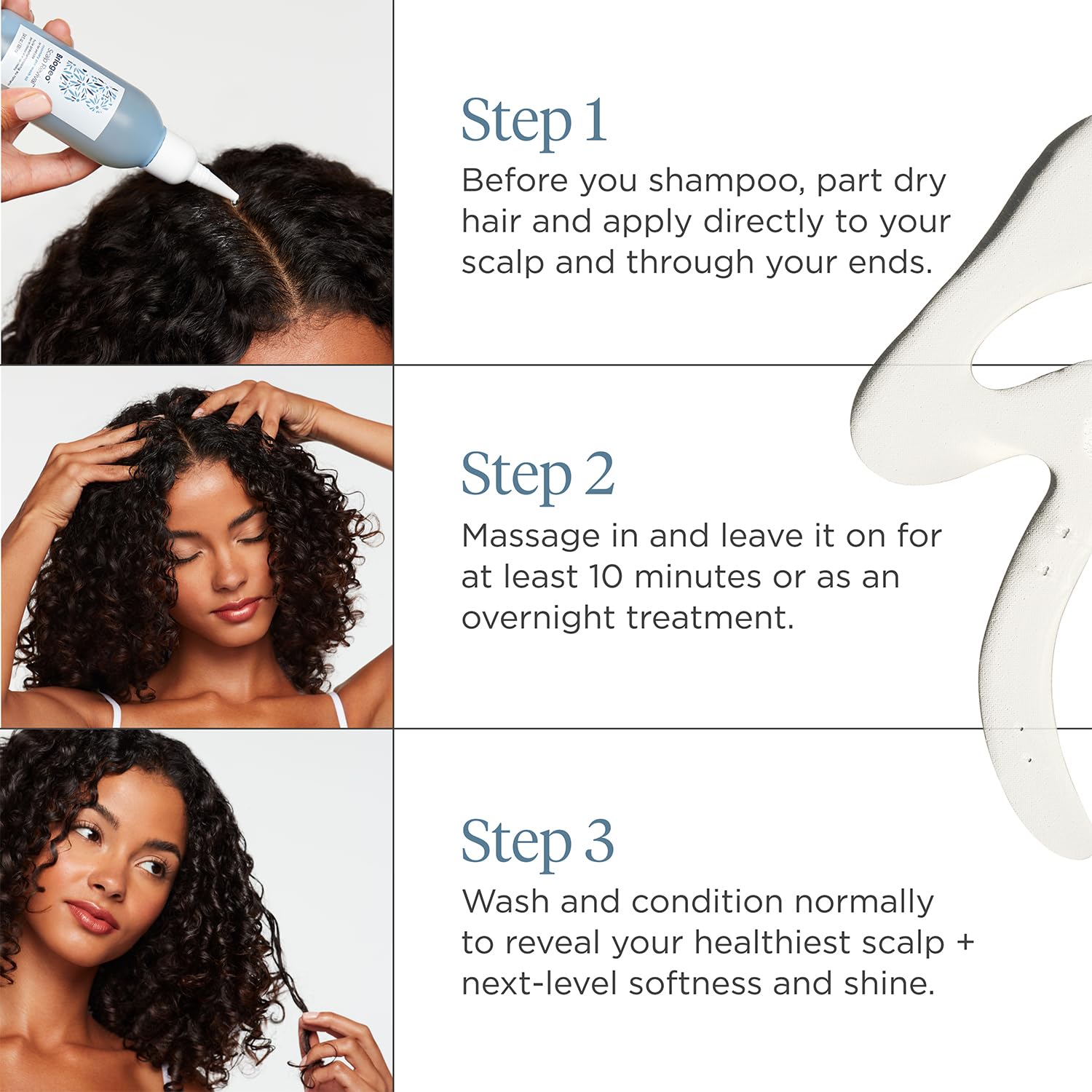 Briogeo Scalp Revival Rosemary Pre-Wash Oil on scalp suggests itch relief and balanced moisture.