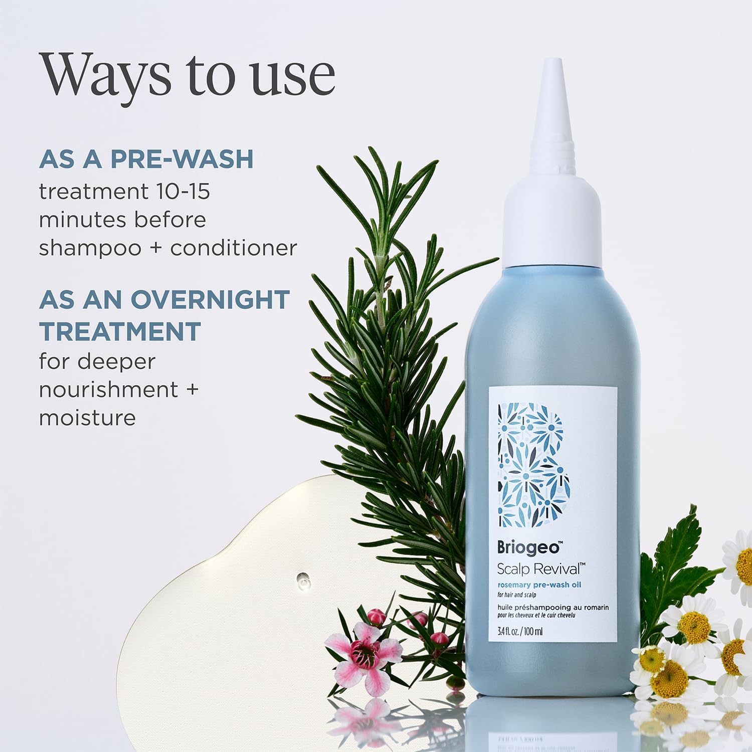 Briogeo Scalp Revival Rosemary Pre-Wash Oil vegan cruelty-free label on packaging.