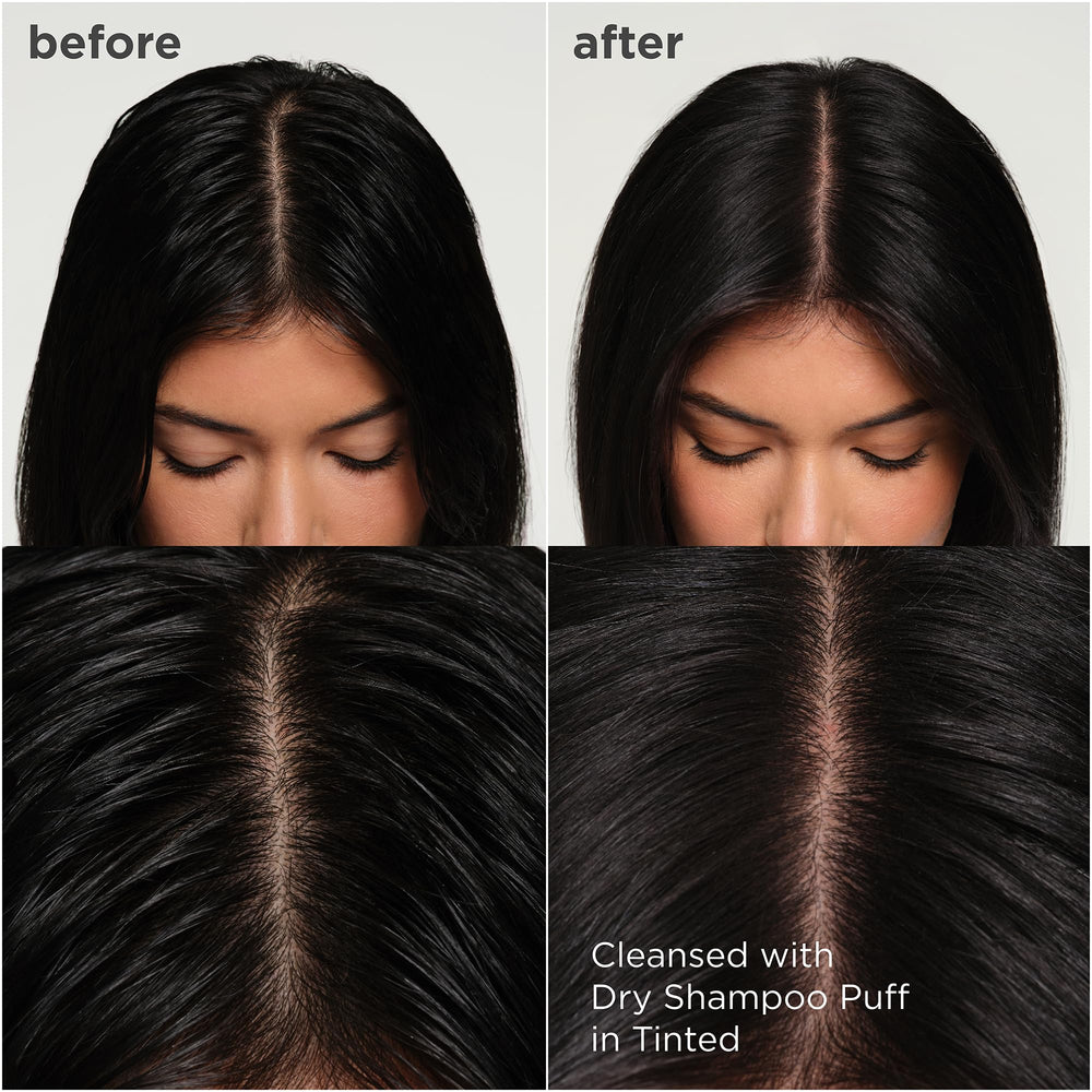 Briogeo Style & Treat Dry Shampoo Puff brown tint blends into dark hair.