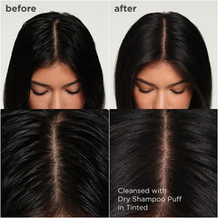 Briogeo Style & Treat Dry Shampoo Puff brown tint blends into dark hair.