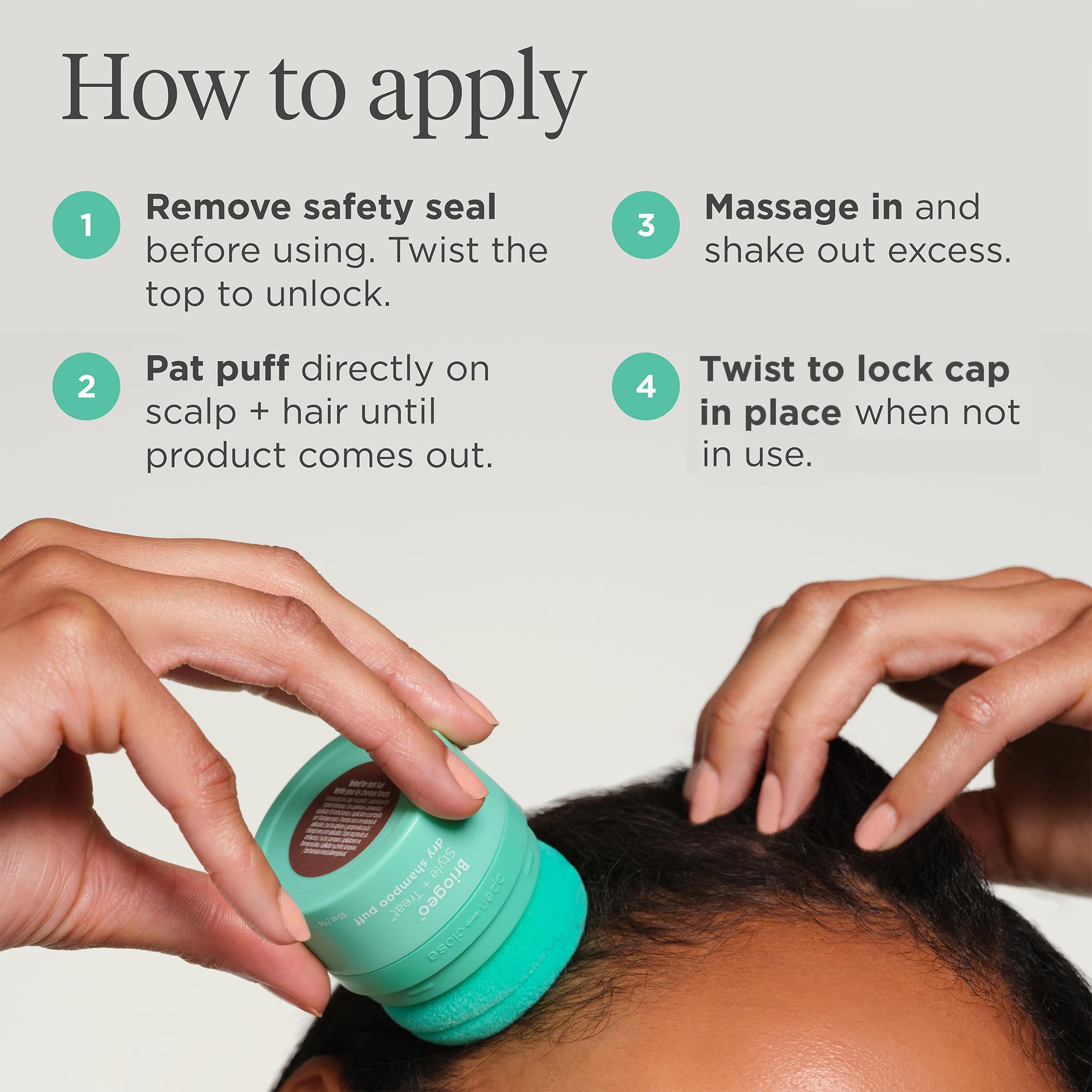 Briogeo Style & Treat Dry Shampoo Puff close-up shows mess-free application.