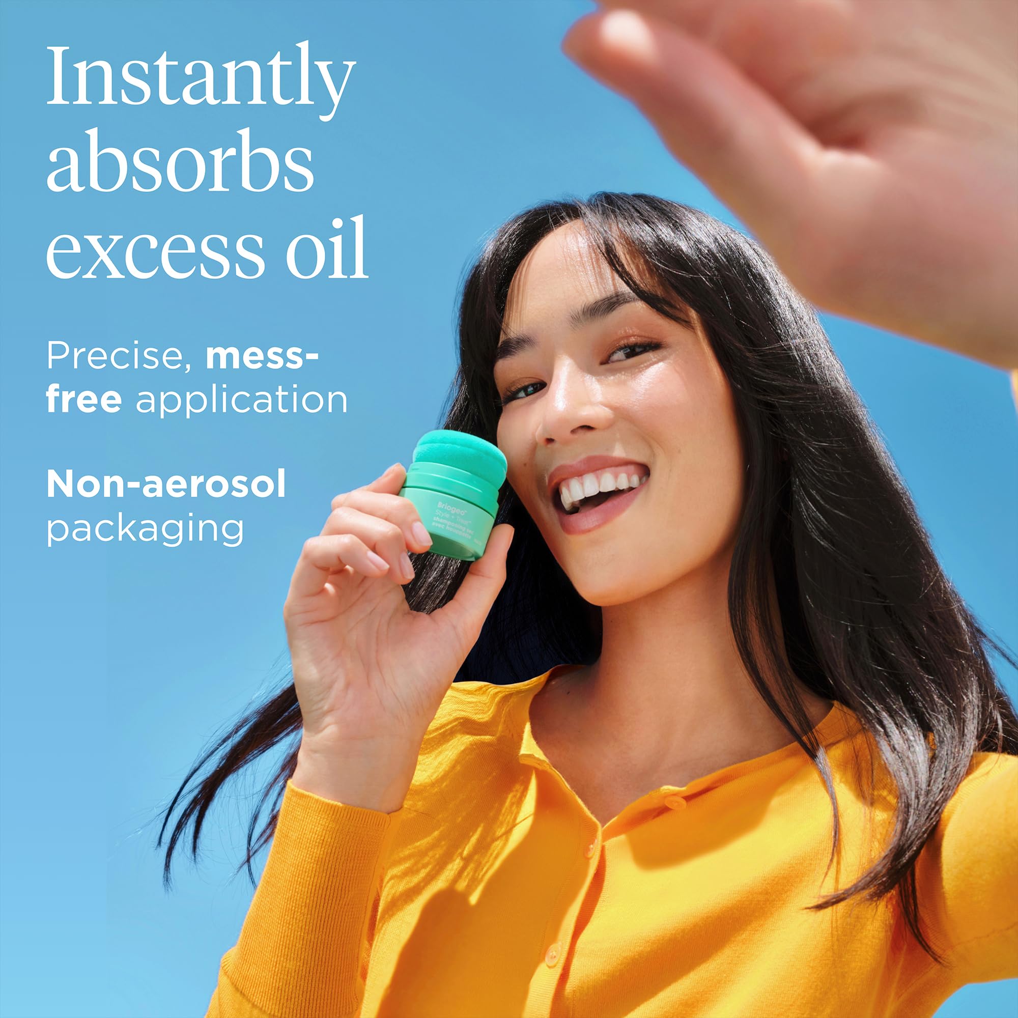 Briogeo Style & Treat Dry Shampoo Puff talc-free and benzene-free formula.