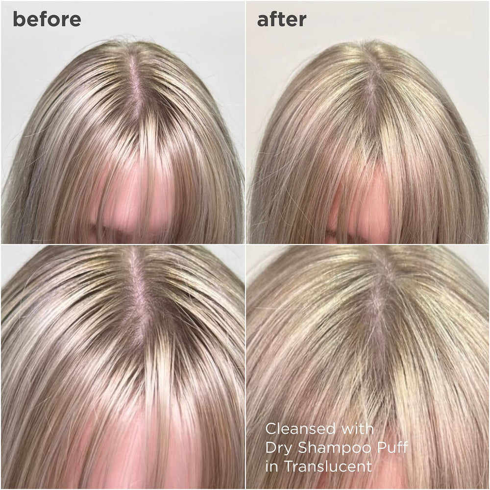 Briogeo Style & Treat Dry Shampoo Puff closeup highlights translucent finish for all colors.