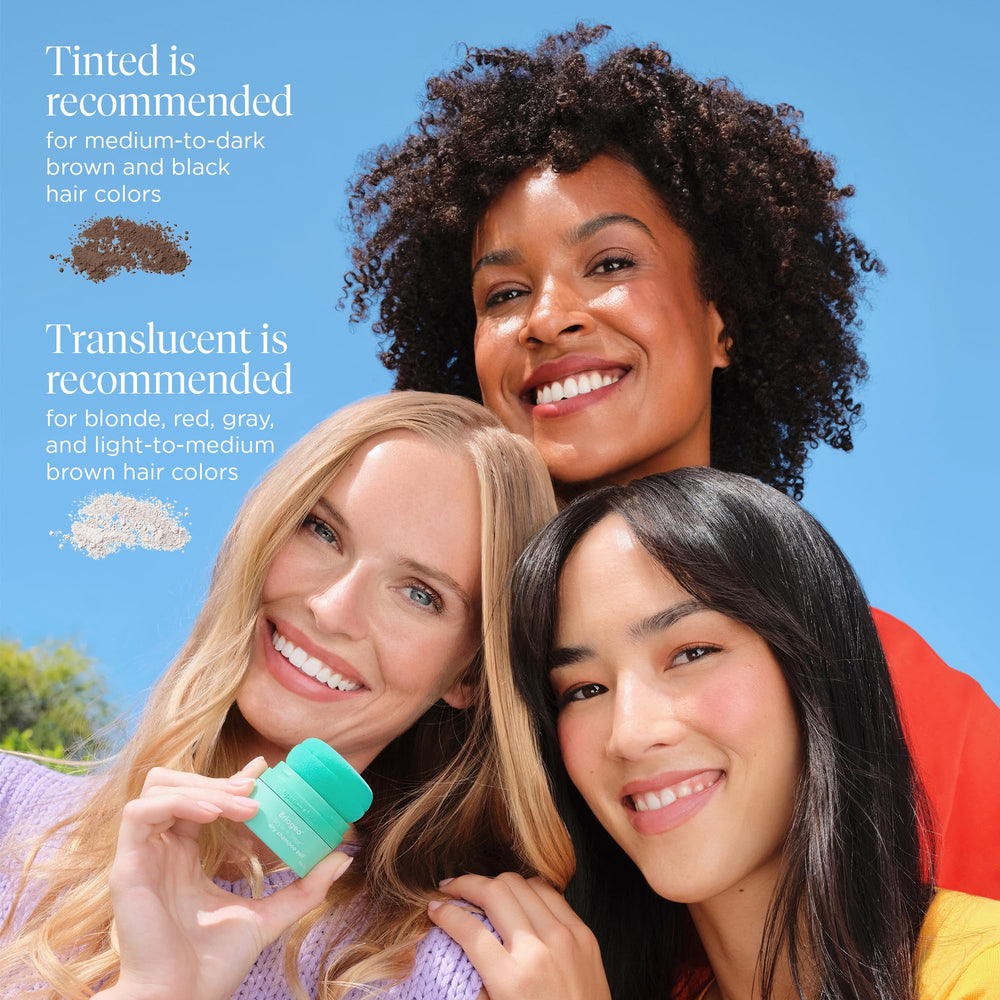 Briogeo Style & Treat Dry Shampoo Puff works with all hair colors in a close-up.