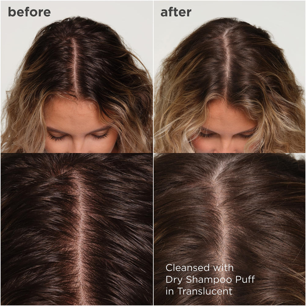 Briogeo Style & Treat Dry Shampoo Puff packaging shows non-aerosol design.