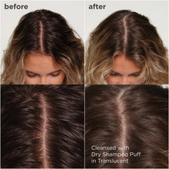 Briogeo Style & Treat Dry Shampoo Puff packaging shows non-aerosol design.