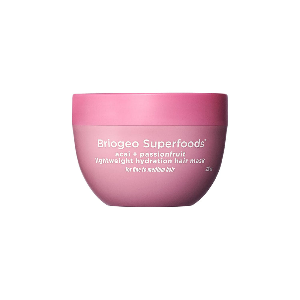 Briogeo Superfoods Acai + Passionfruit mask bottle highlights lightweight hydration for fine hair.