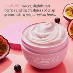 Briogeo Superfoods Acai + Passionfruit mask ingredient bowl emphasizes natural nourishment.
