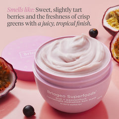 Briogeo Superfoods mask jar front highlights lightweight conditioner for volume