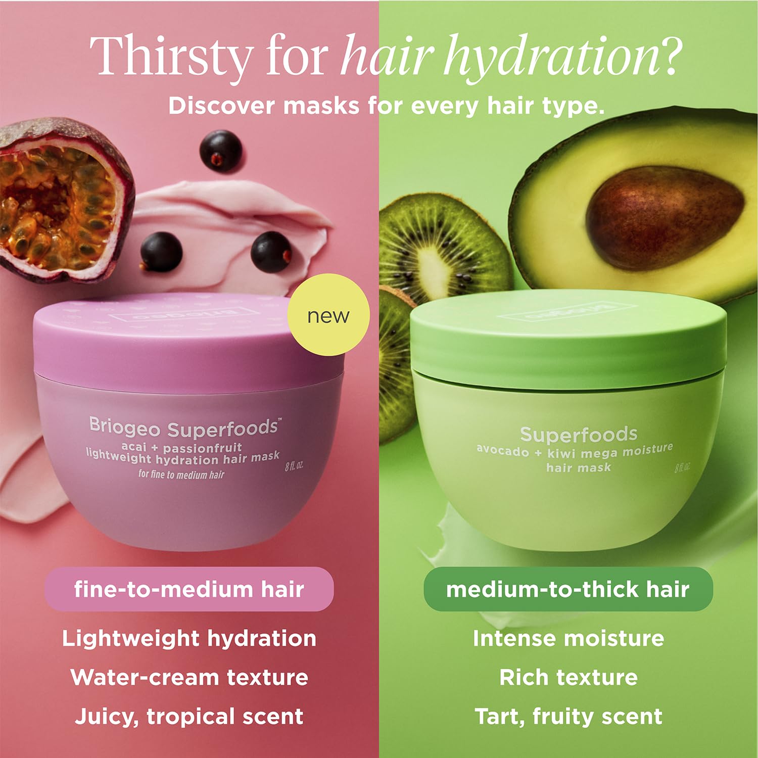 Briogeo Superfoods Acai + Passionfruit mask swatch on hair shows lightweight feel.