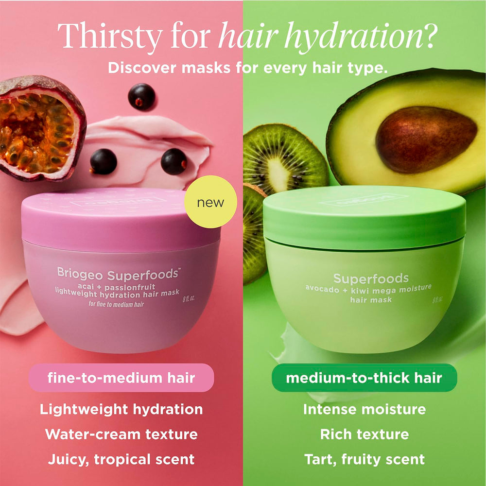 Briogeo Superfoods Acai + Passionfruit mask swatch on hair shows lightweight feel.