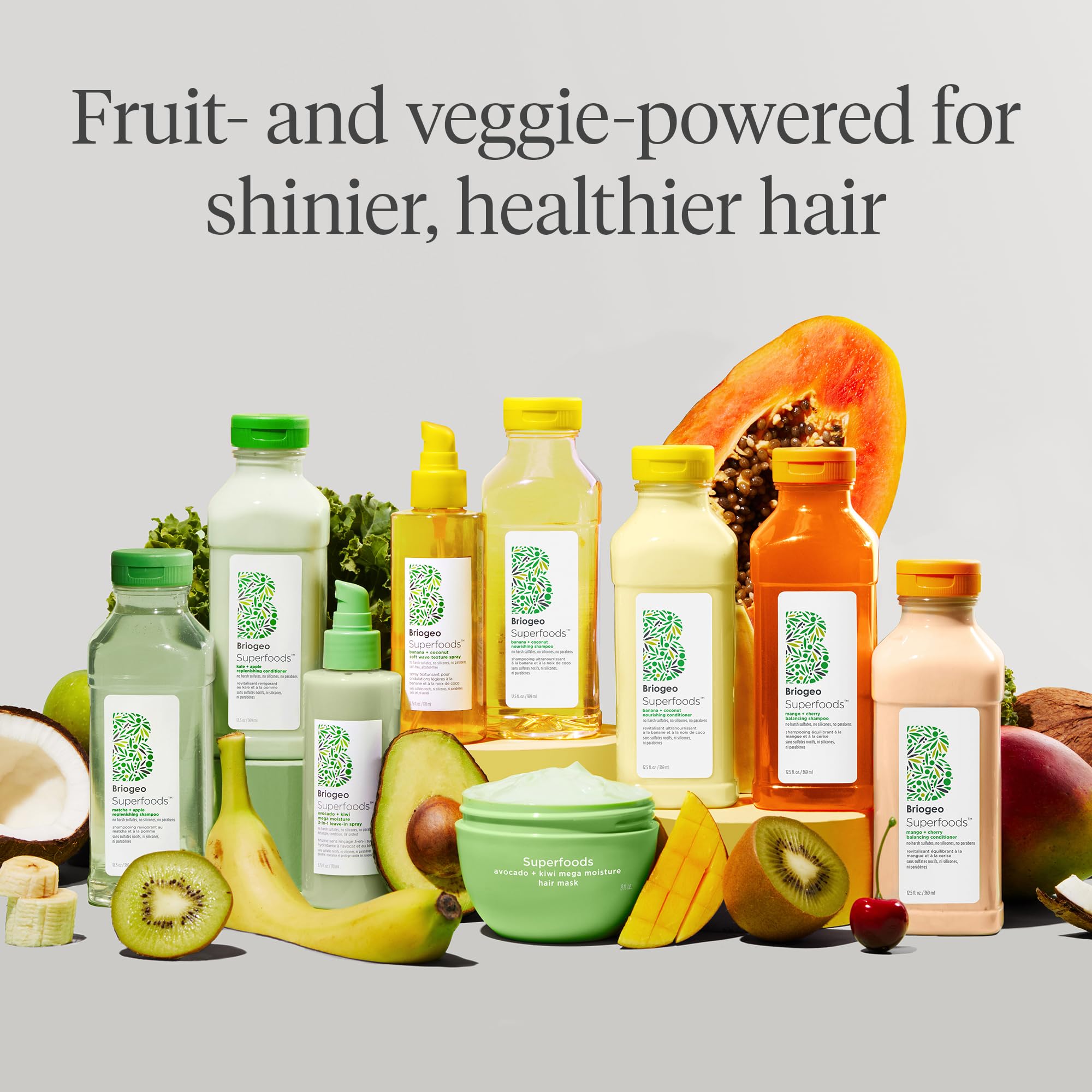 Vegan, cruelty-free Briogeo shampoo packaging highlighting natural origins.