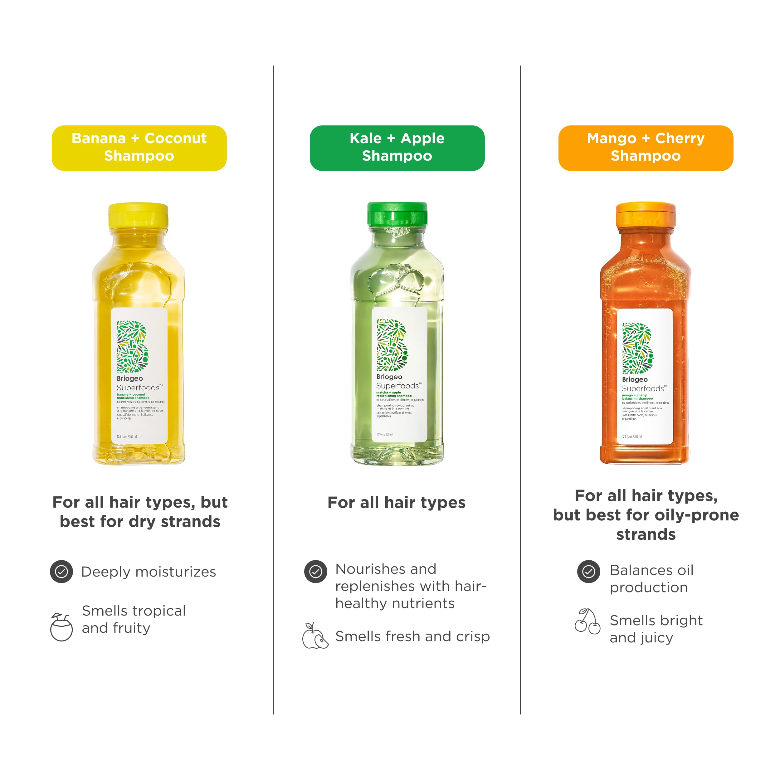 Sulfate-free Briogeo shampoo bottle in a clean bathroom scene.