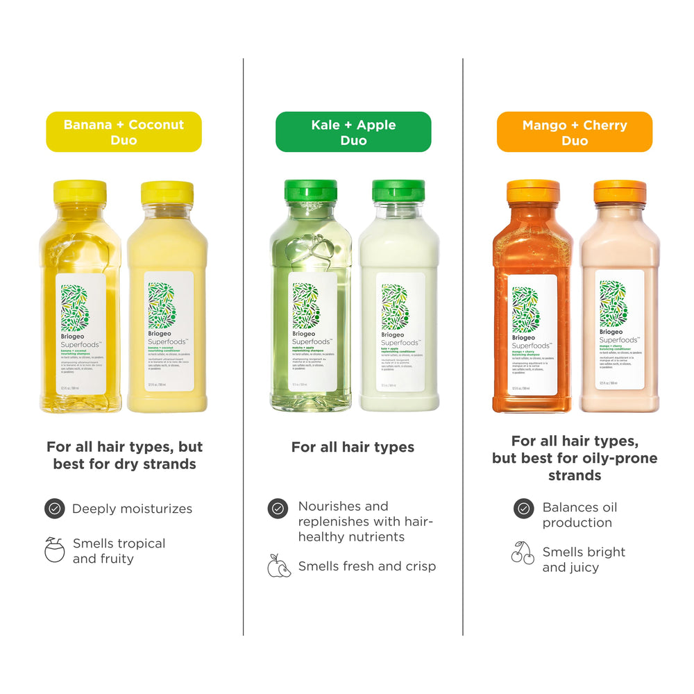 Briogeo Mango Cherry bottle dispensing shot emphasizes lightweight hydration.