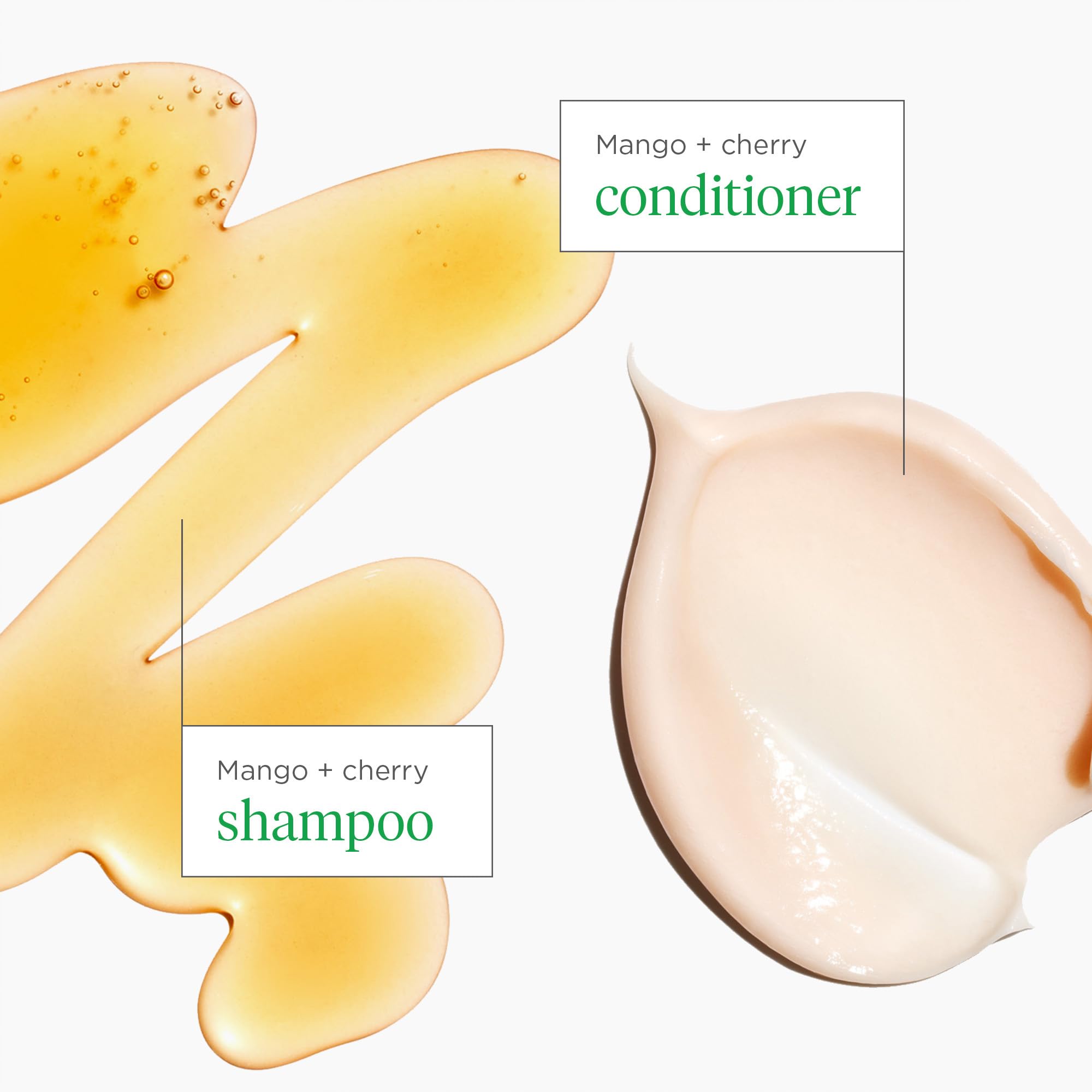 Briogeo Mango Cherry fruit ingredients close-up with antioxidant blend highlights.