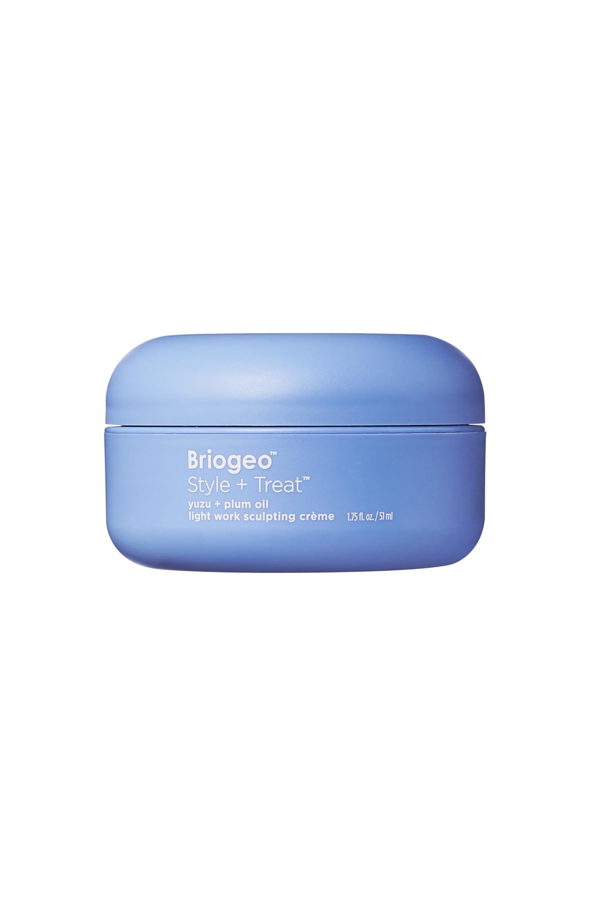 Briogeo Style + Treat Yuzu + Plum Oil Light Work Sculpting Crème bottle highlights flexible hold and matte finish.