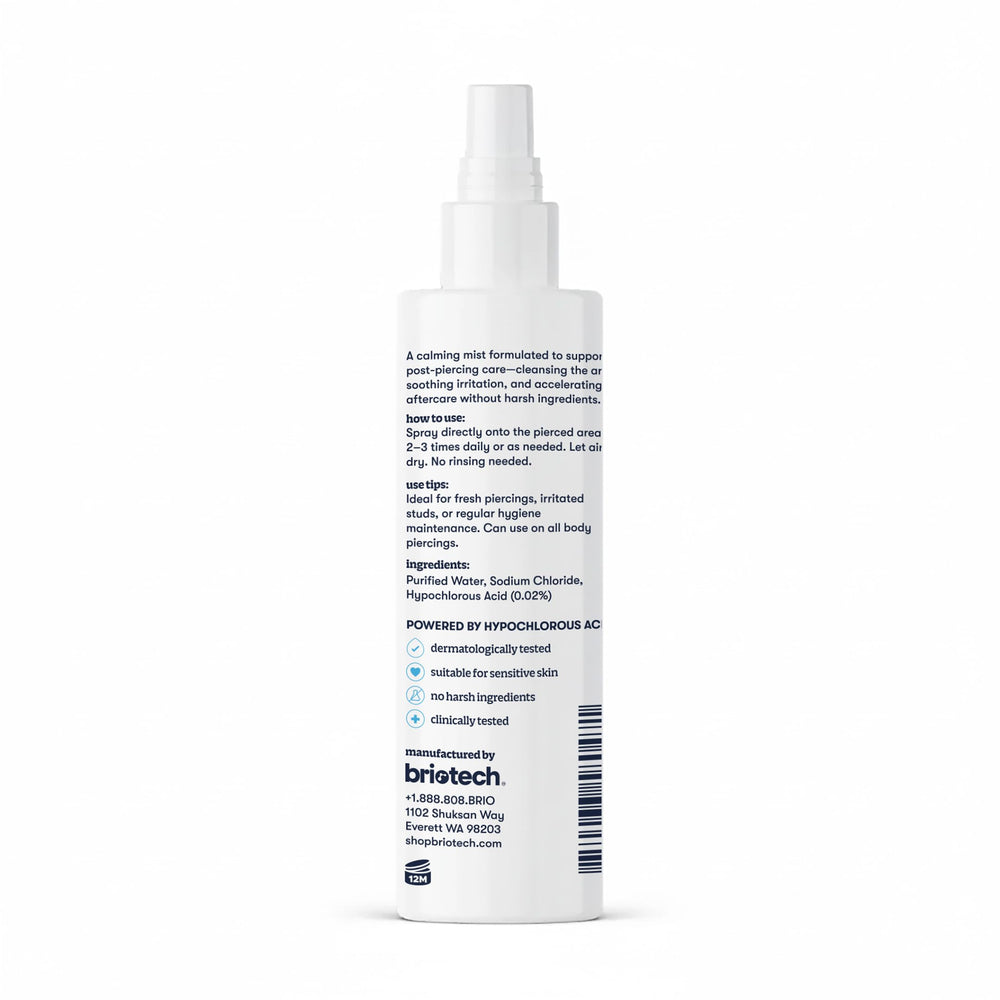 BRIOTECH Pierce Spray bottle highlights alcohol-free, fragrance-free formula for sensitive skin