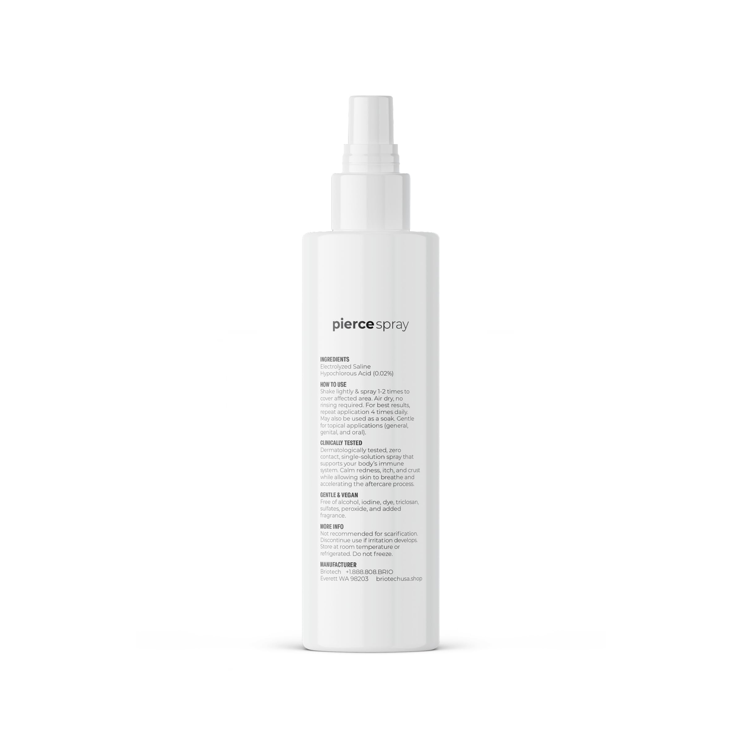 BRIOTECH Pierce Spray box and label showing no rinse or residue promise
