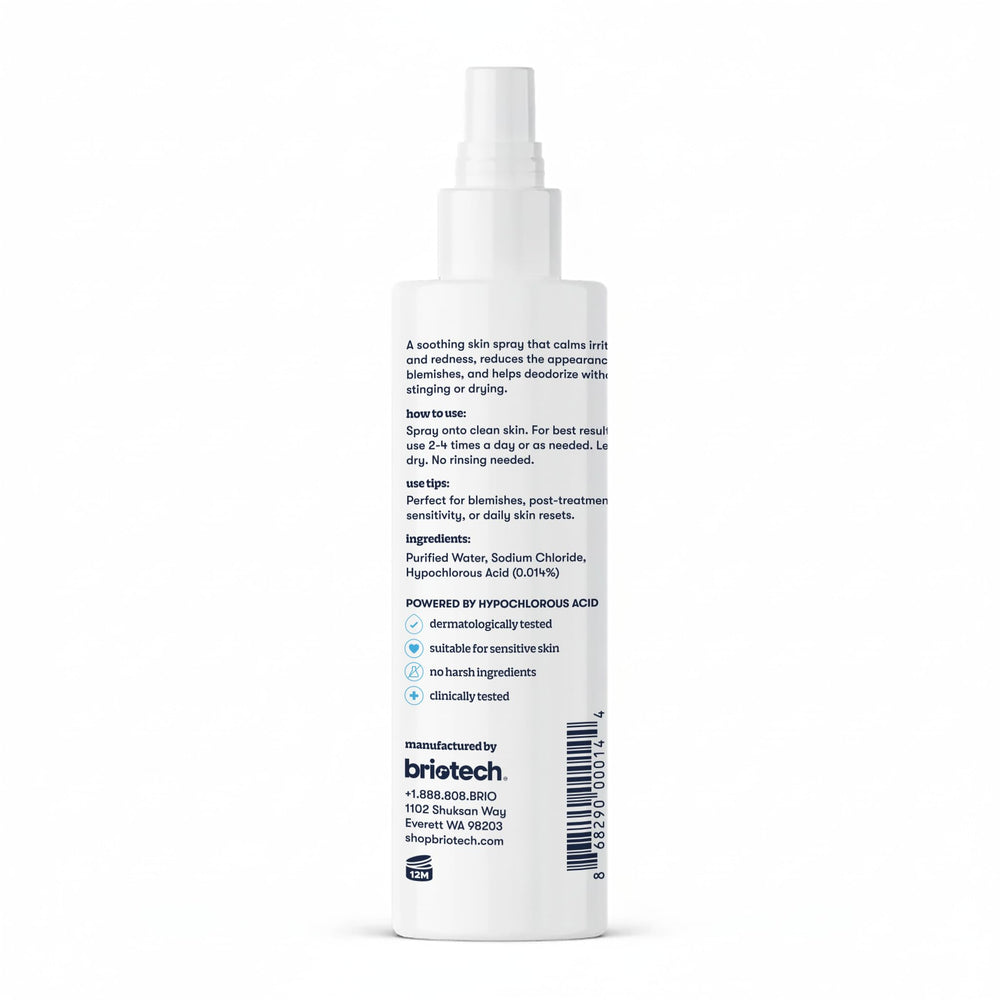 BRIOTECH redness-calming effect shown on skin with gentle mist