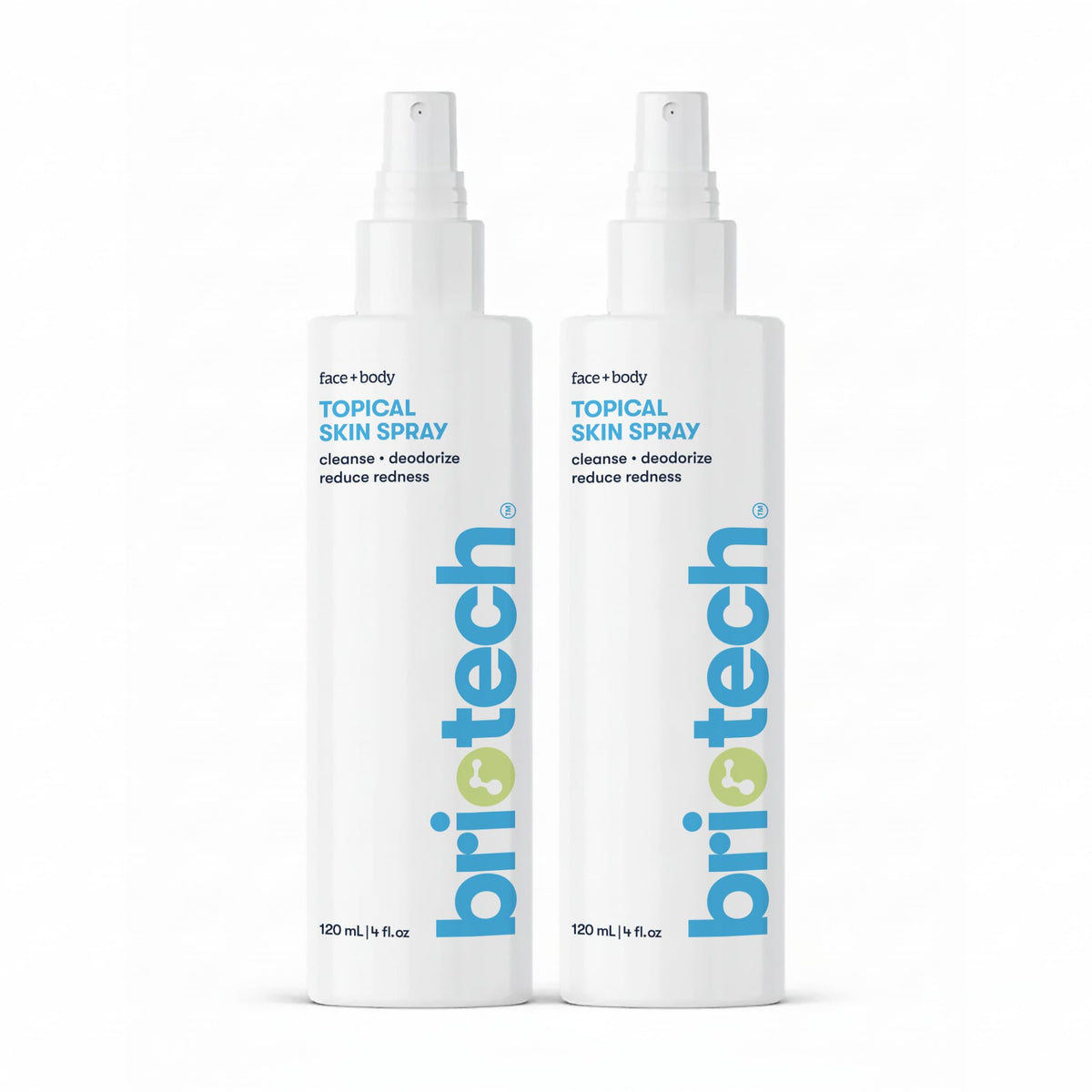 BRIOTECH Topical Skin Spray bottle closeup demonstrates HOCl soothing for sensitive skin.