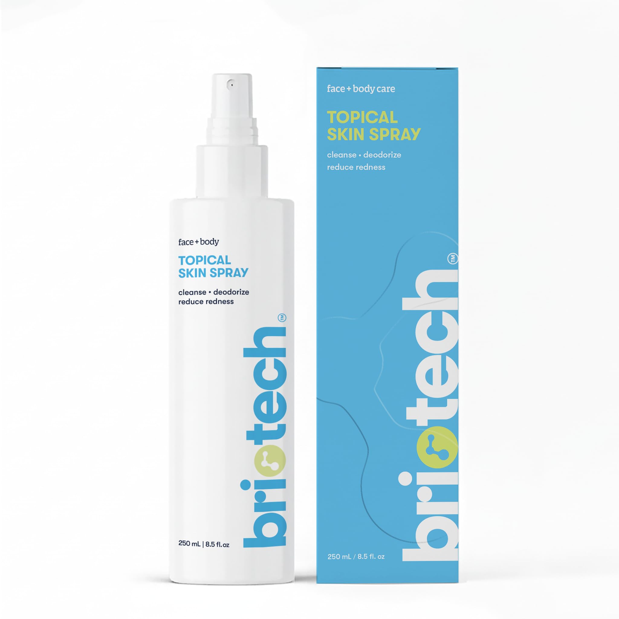 BRIOTECH Topical Skin Spray bottle demonstrates HOCl mist for sensitive skin.
