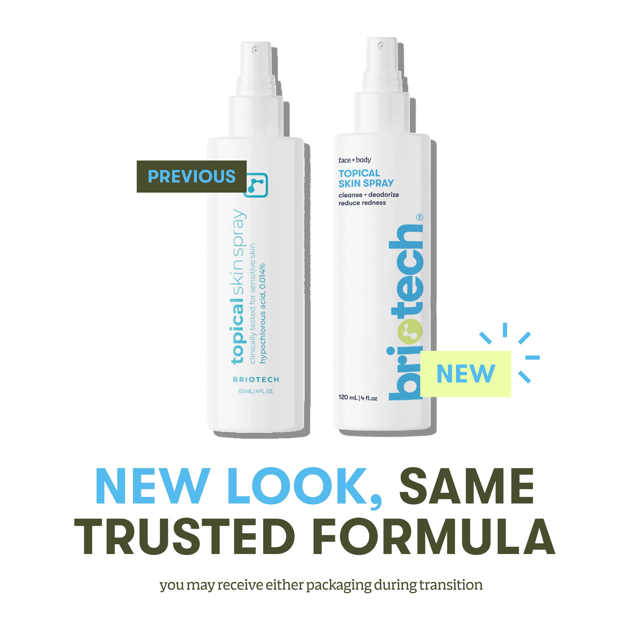 BRIOTECH Topical Skin Spray ingredients note two-ingredient HOCl formula for purity.