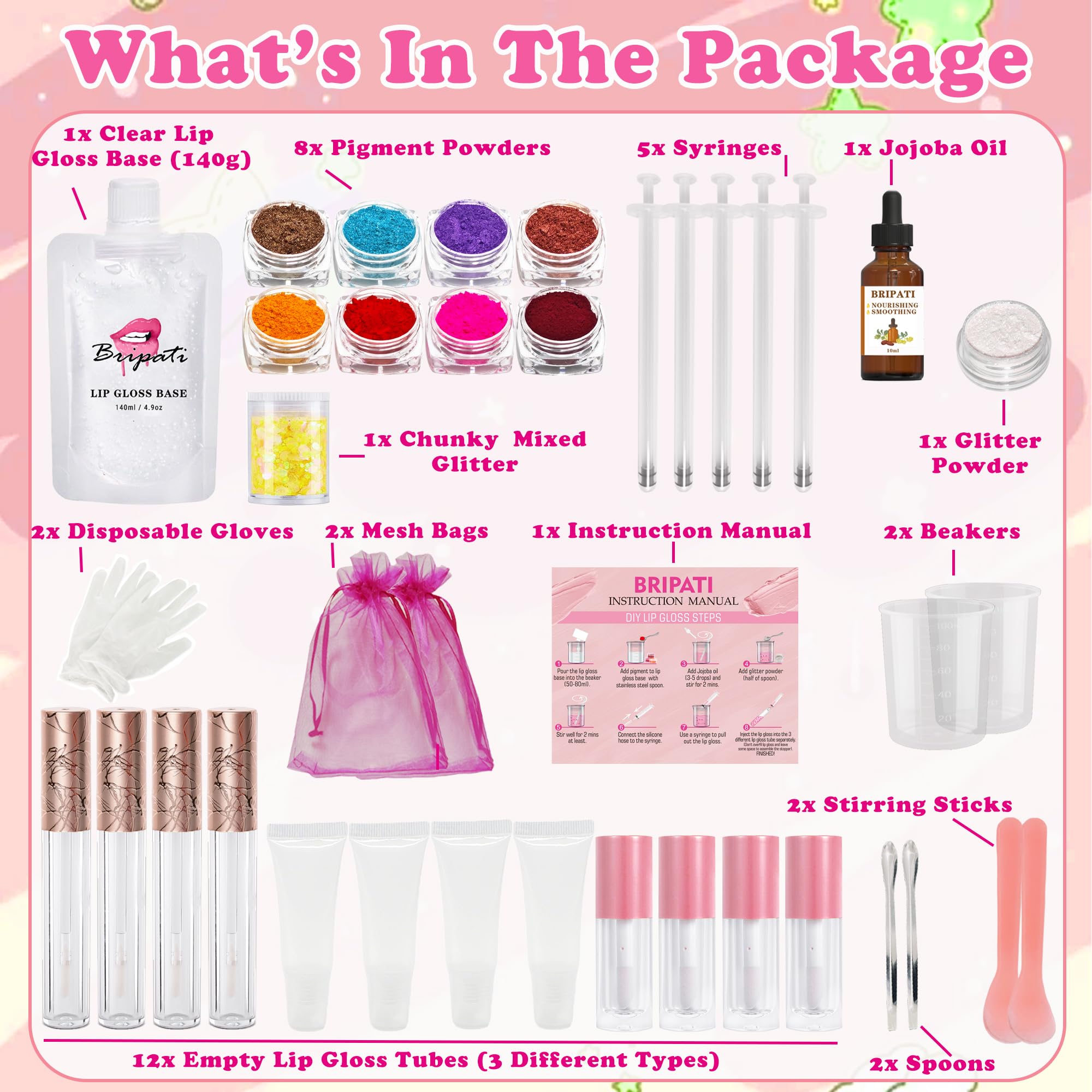 BRIPATI diy lip gloss kit unboxed highlighting everything included for creative lip gloss making.