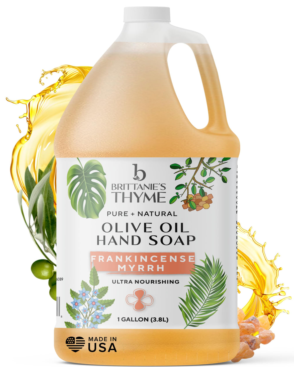 Brittanie's Thyme castile soap bottle with frankincense aroma for gentle cleansing ritual.