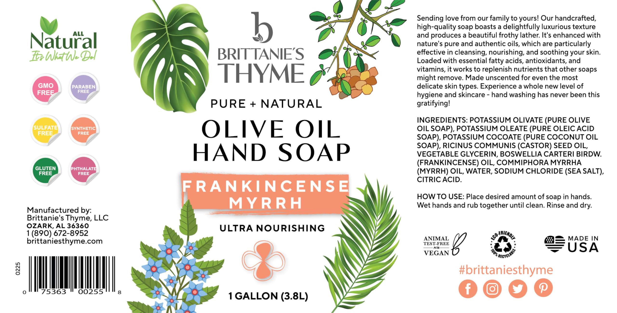 Brittanie's Thyme gentle-castile soap pour for sensitive skin comfort.