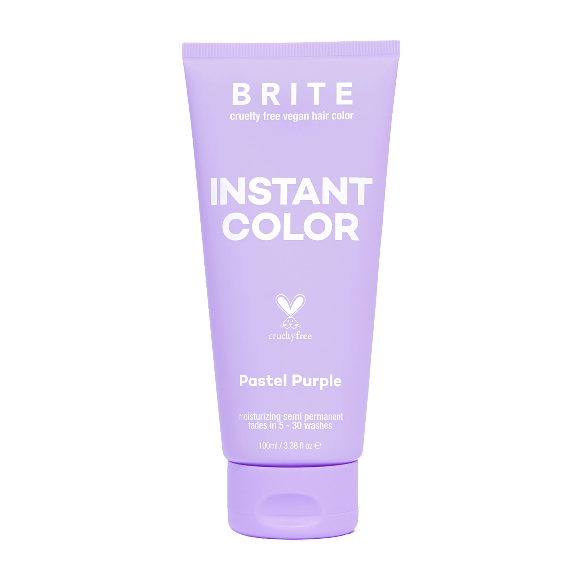 BRITE vegan instant color pastel purple bottle close-up highlights gentle, long-lasting color.
