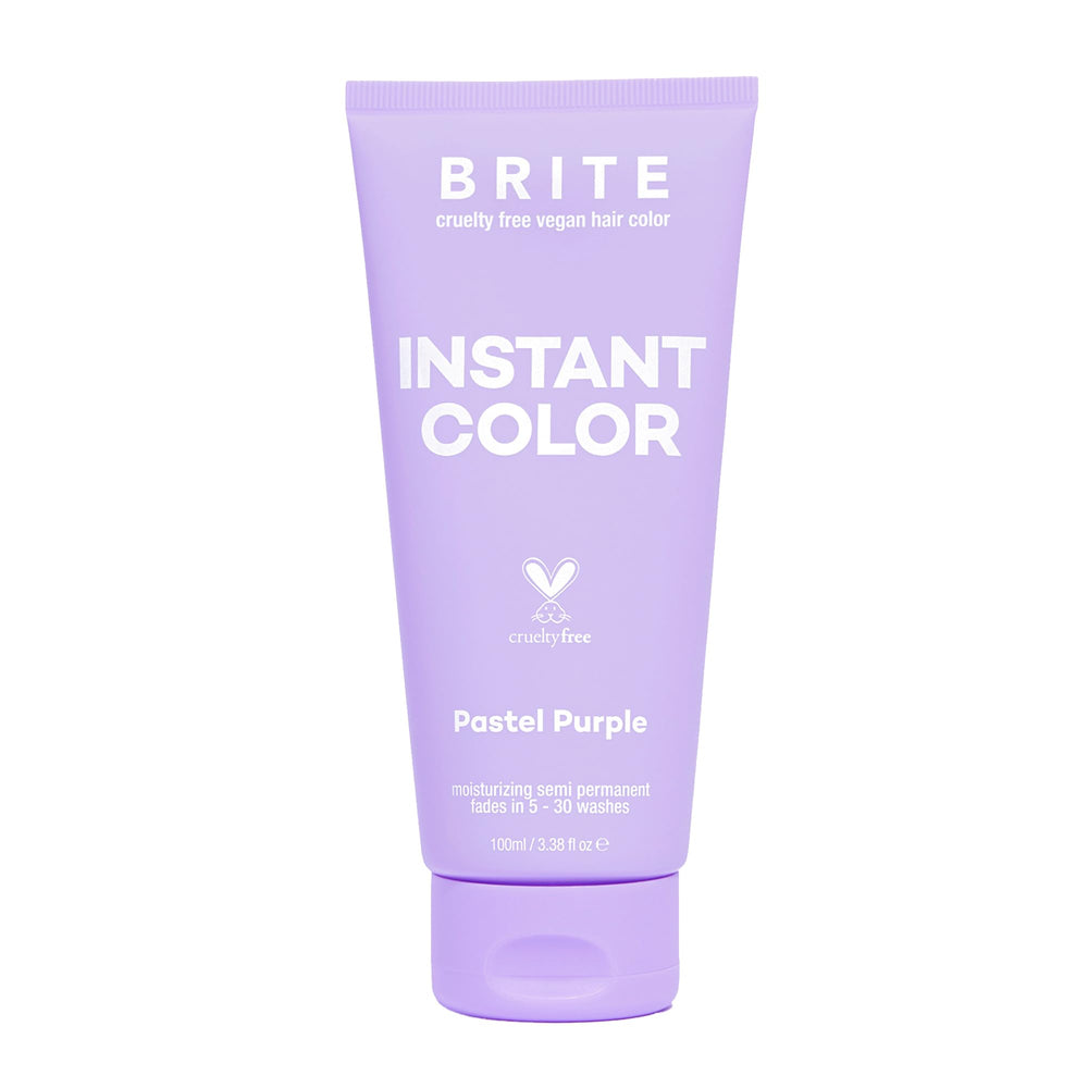 BRITE vegan instant color pastel purple bottle close-up highlights gentle, long-lasting color.