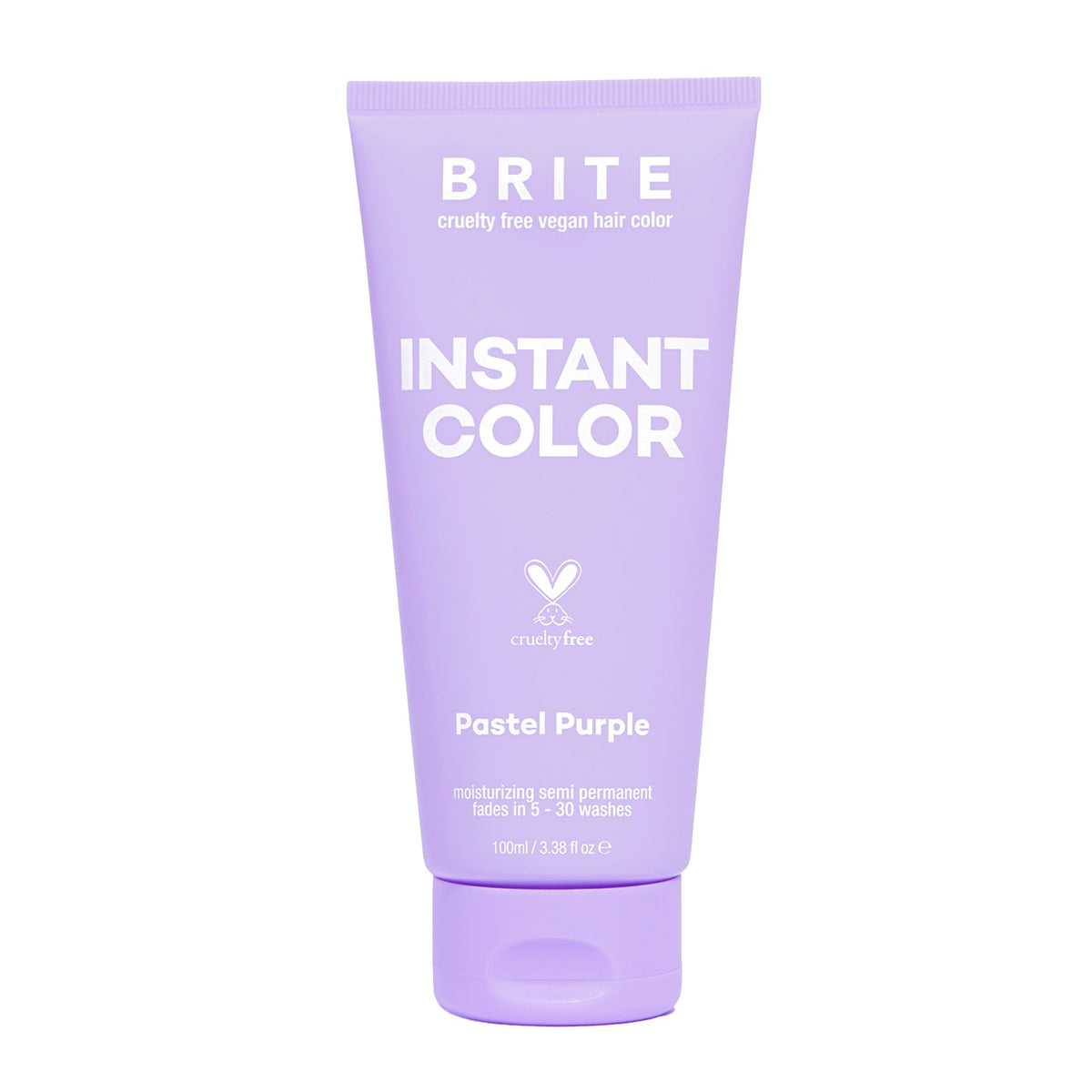 BRITE vegan instant color pastel purple bottle close-up highlights gentle, long-lasting color.