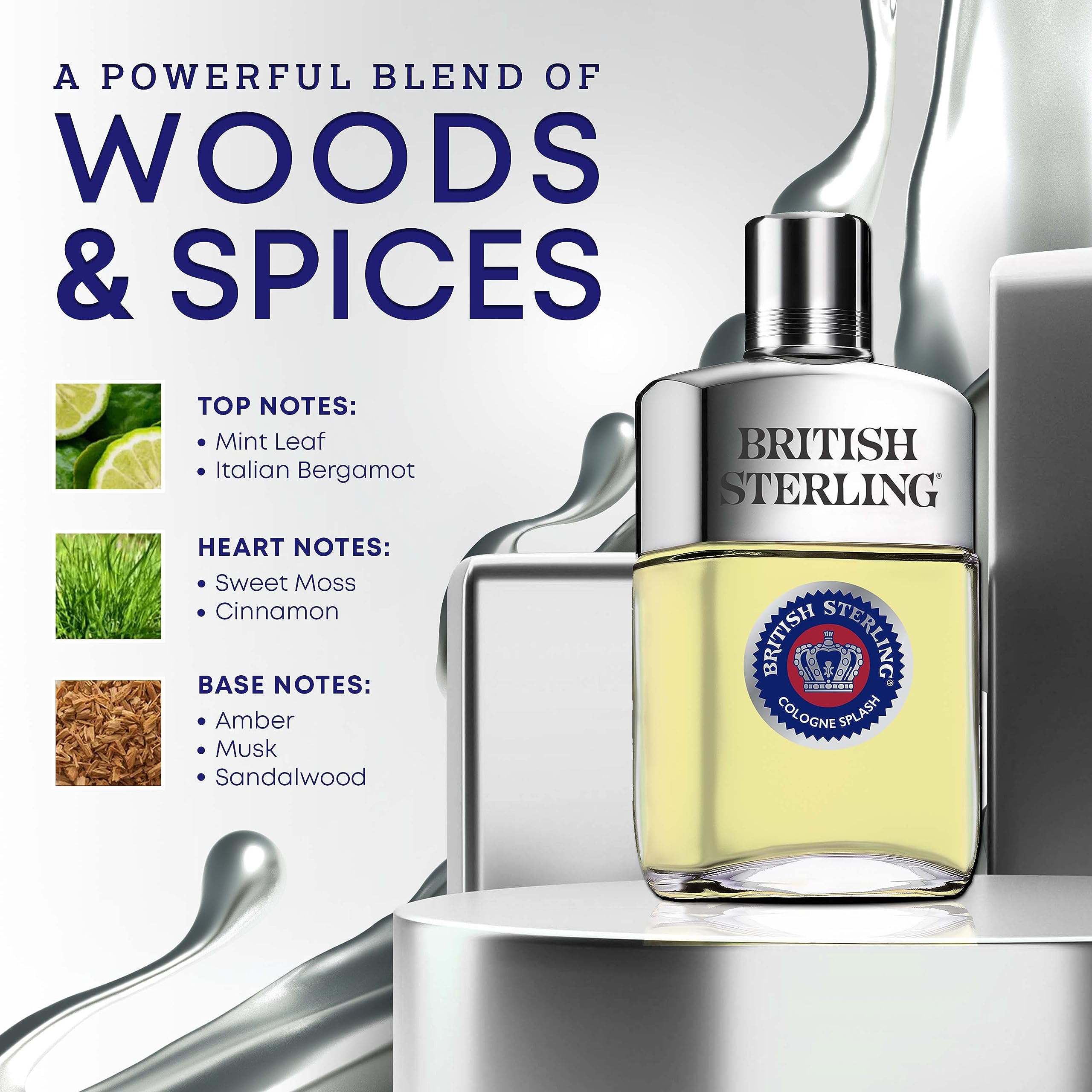 British Sterling by Dana sandalwood-base highlights refined, classic appeal after shaving.