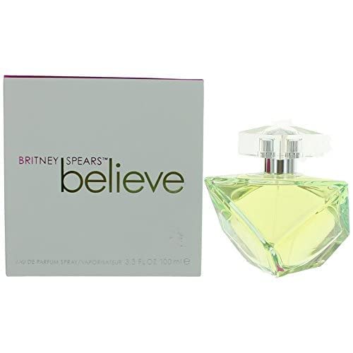 Britney Spears Believe EDP bottle display highlights a modern floral vibe.