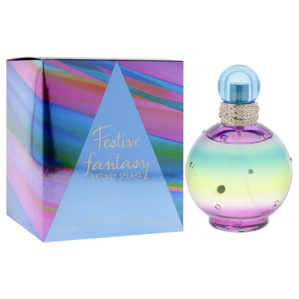 Britney Spears Festive Fantasy EDT label close-up highlights premium fragrance notes.