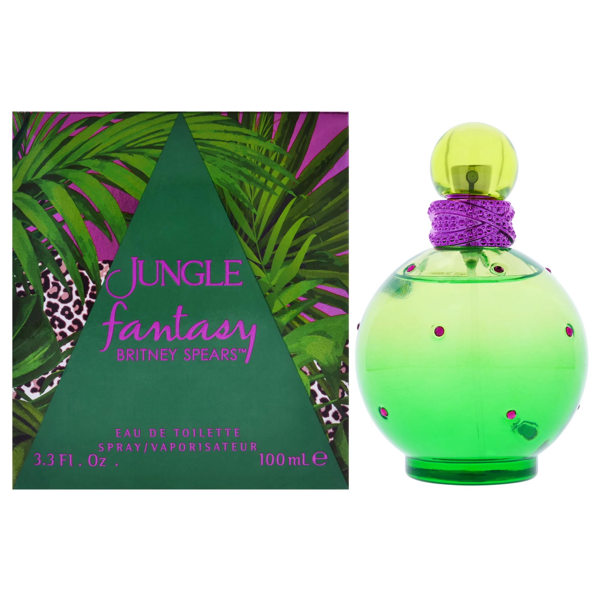Britney Spears Jungle Fantasy bottle with green shades for a tropical mood you can wear daily.