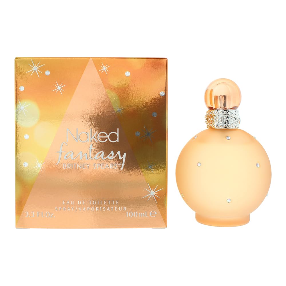 Britney Spears Naked Fantasy bottle closeup showing peach hues for a flirtatious vibe.