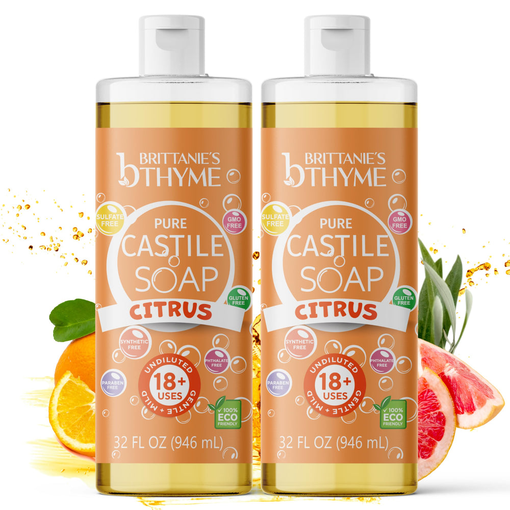 Brittanie's Thyme citrus castile soap bottle close-up for skin-friendly cleansing.