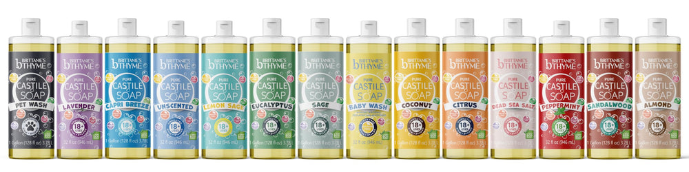 Brittanie's Thyme citrus castile soap bottle with dish cleaning and home use.