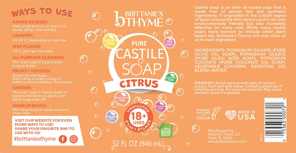 Brittanie's Thyme citrus castile soap lathering close-up showing versatile multi-use.