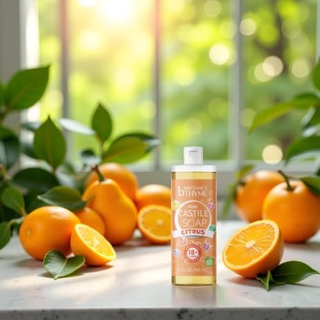 Brittanie's Thyme citrus castile soap morning routine scene for mood-boosting cleanse.