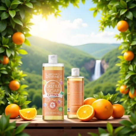Brittanie's Thyme citrus castile soap pump bottle for gentle hand wash and body care.